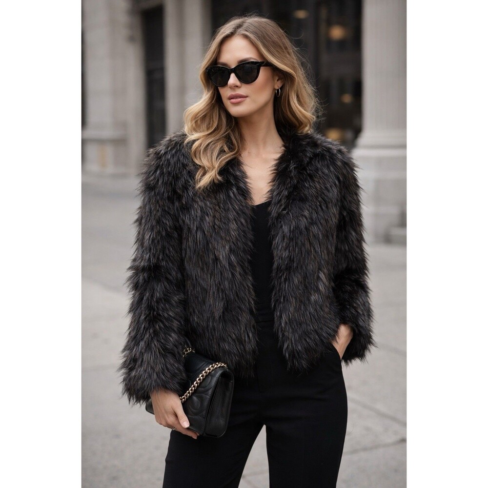 WD NY Black Faux Fur Open Front Jacket Women’s Size Small Soft Glam Chic Coat